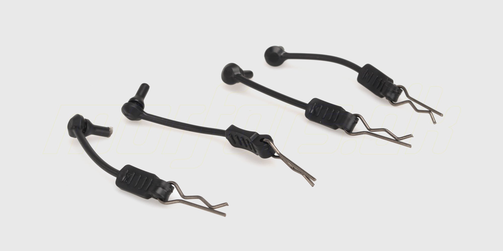 Sæt med små karrosserisplitter i metal til fastgørelse af karrosseriet på en fjernstyret bil.