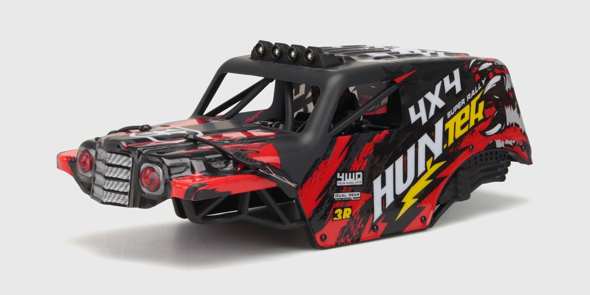 Blåt og sort Hurricane XL MT karosseri med grafik til en fjernstyret monster truck.