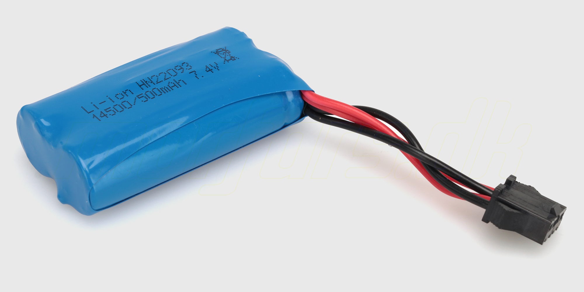 Blåt 14500 Li-ion batteri på 7,4V 500mAh med hvidt stik til fjernstyret legetøj.