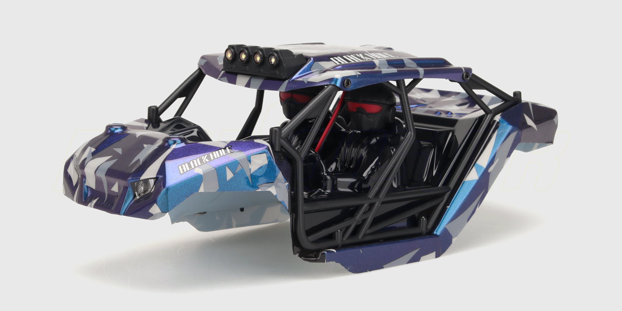 Gult Hurricane karrosseri med sorte og hvide detaljer til fjernstyret bil vist på hvid baggrund.