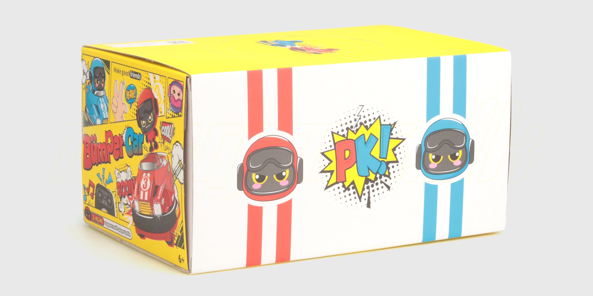 To blå og røde bumper cars med fjernbetjeninger klar til kamp på en hvid baggrund.