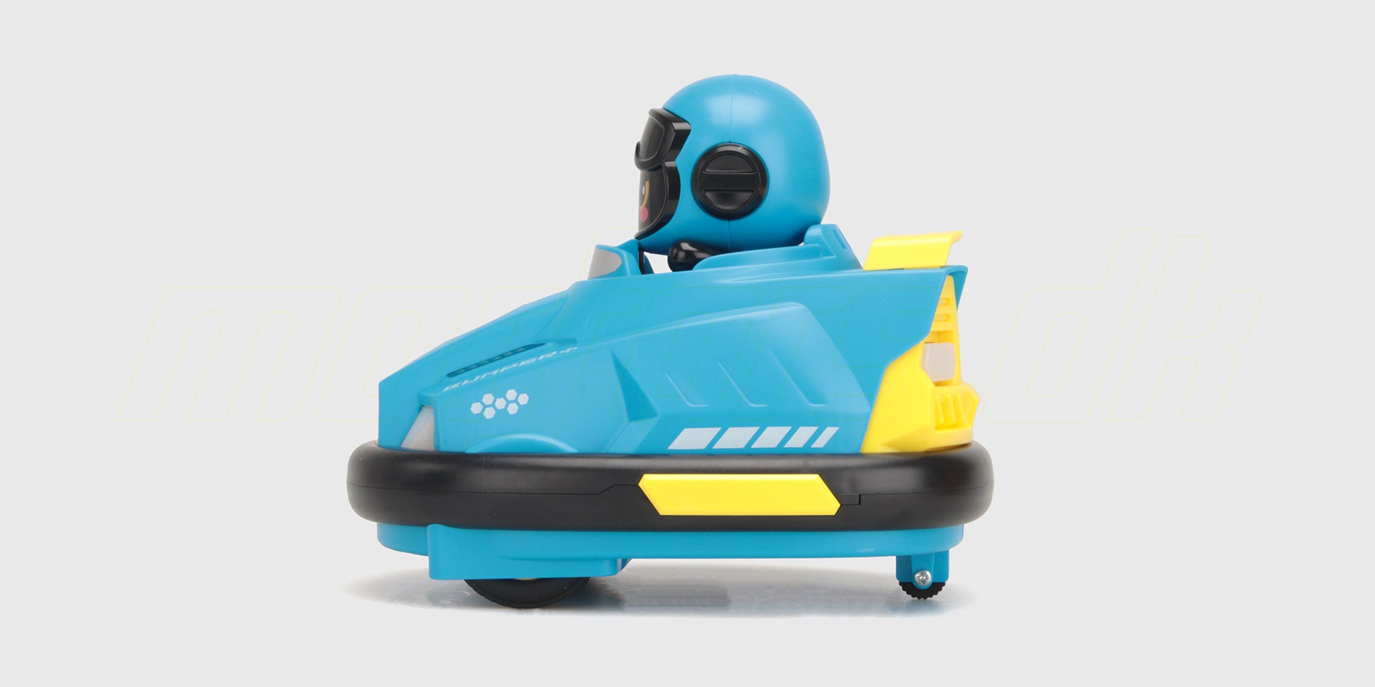 To fjernstyrede Bumper Cars i rød og blå klar til kamp med små figurer, der kan skydes ud ved sammenstød.