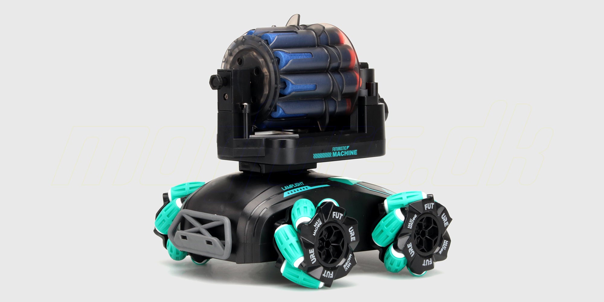 Sort Drift Shooter fjernstyret bil med gule detaljer set fra siden på en hvid baggrund.