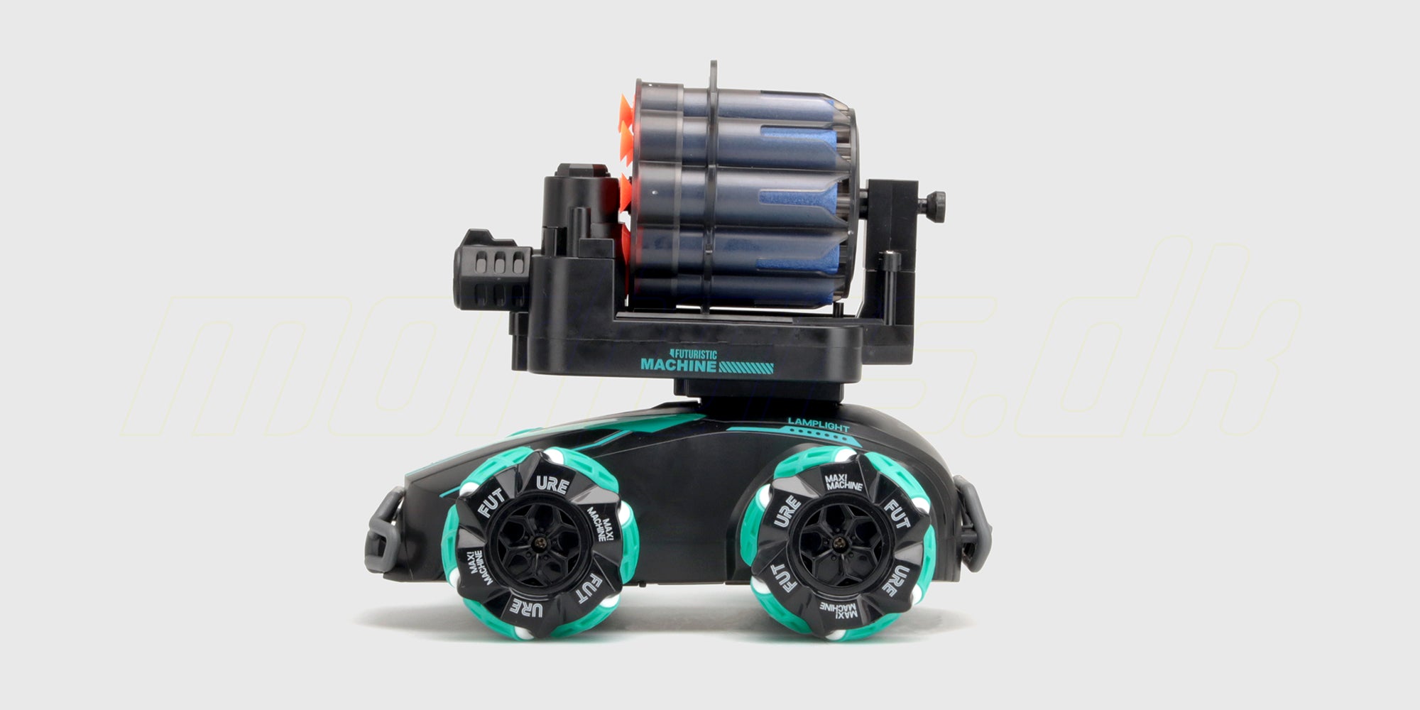 Sort Drift Shooter fjernstyret bil med gule detaljer set fra siden på hvid baggrund.