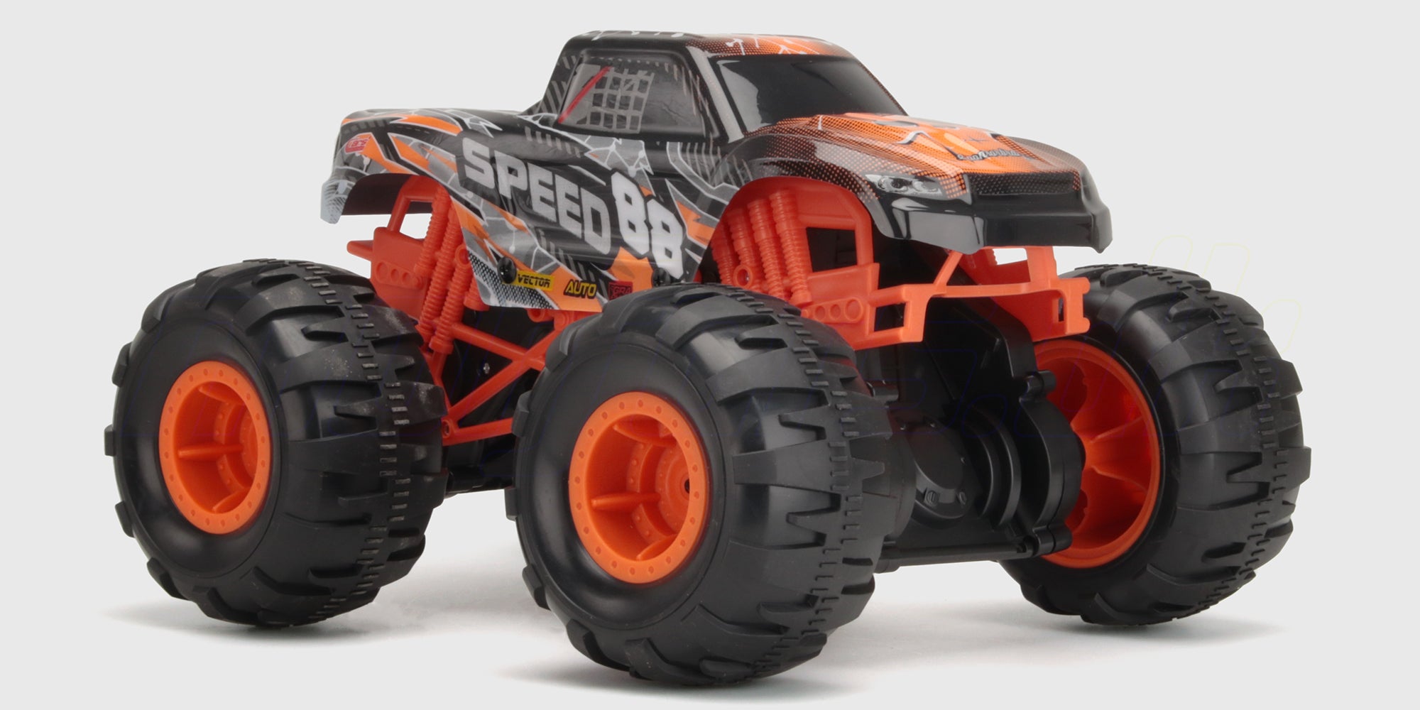 Flash4 MAX fjernstyret monster truck i rød og hvid set skråt forfra på hvid baggrund.