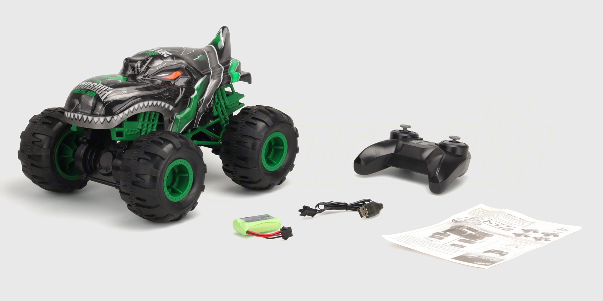 Flash4 MAX fjernstyret bil præsenteret i æske med medfølgende lader og genopladeligt batteri.