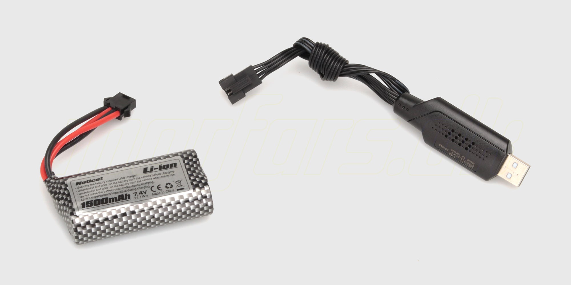 Batteripakke og USB-oplader til Hunter MT10 fjernstyret bil vist på hvid baggrund.