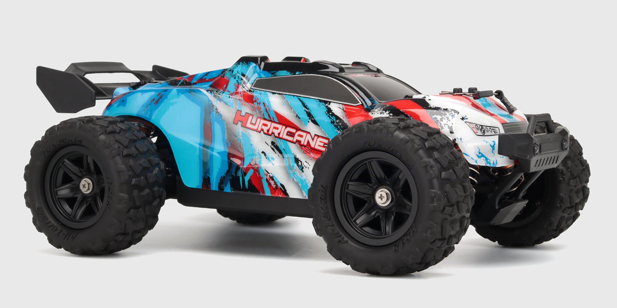 Hurricane fjernstyret bil i blå med alle de nyeste opgraderinger set forfra på hvid baggrund