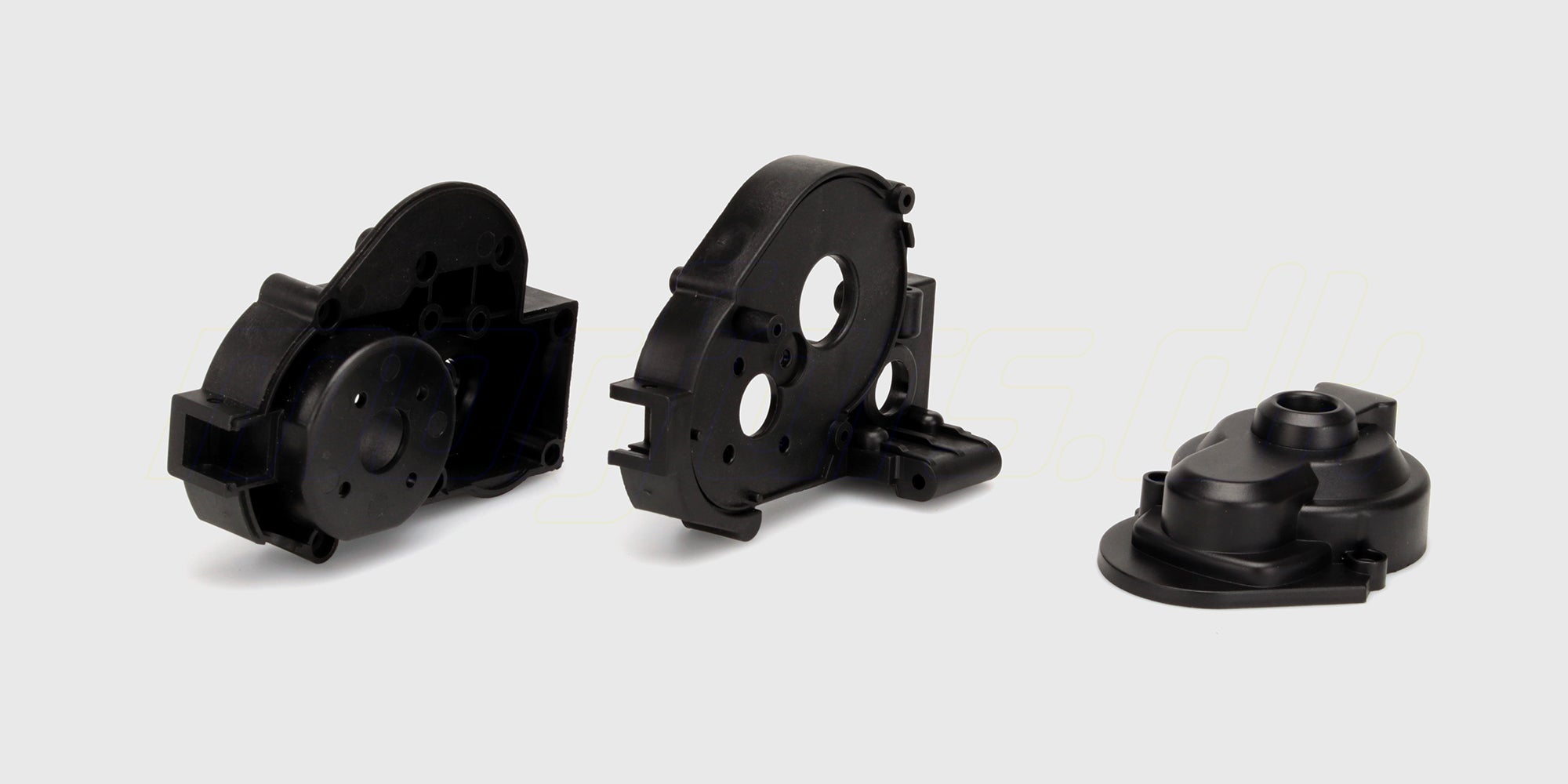 Sort gearkassehus i plast til Hammer fjernstyret bil, vist på hvid baggrund.