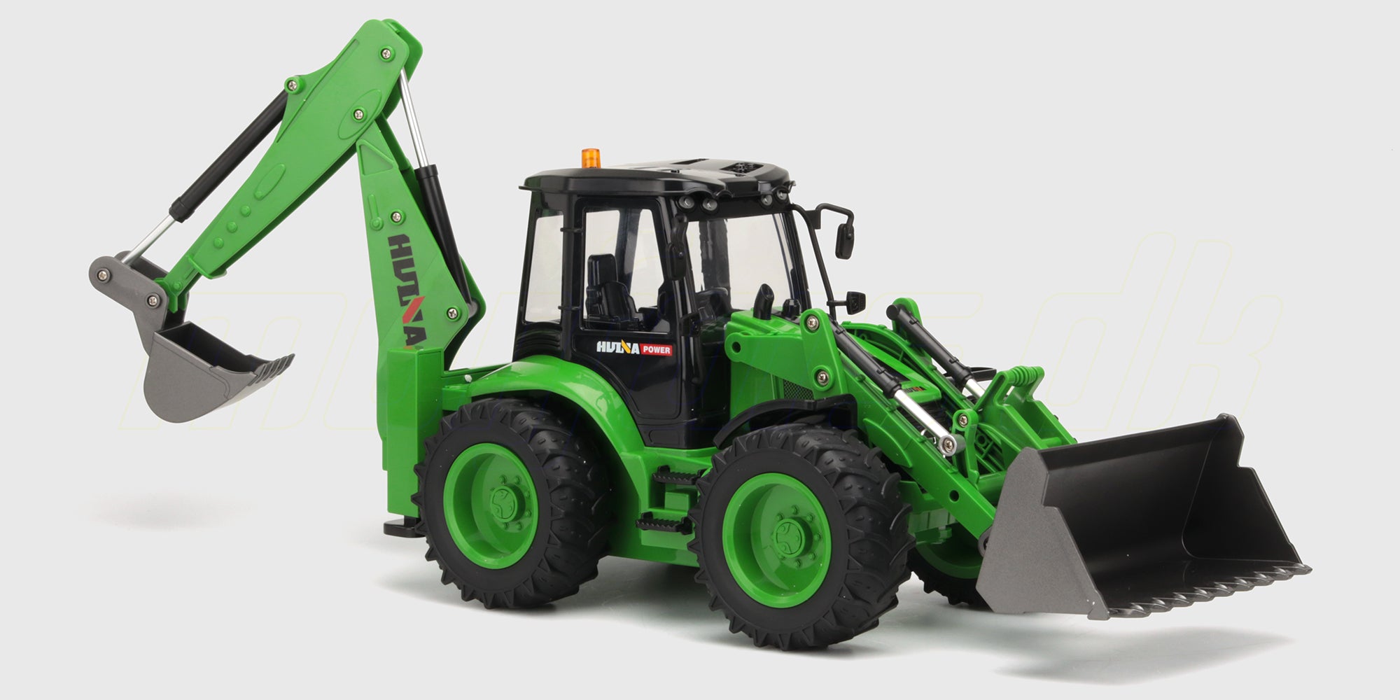 Gul fjernstyret rendegraver i realistisk design med bevægelig skovl og frontlæsser til leg.