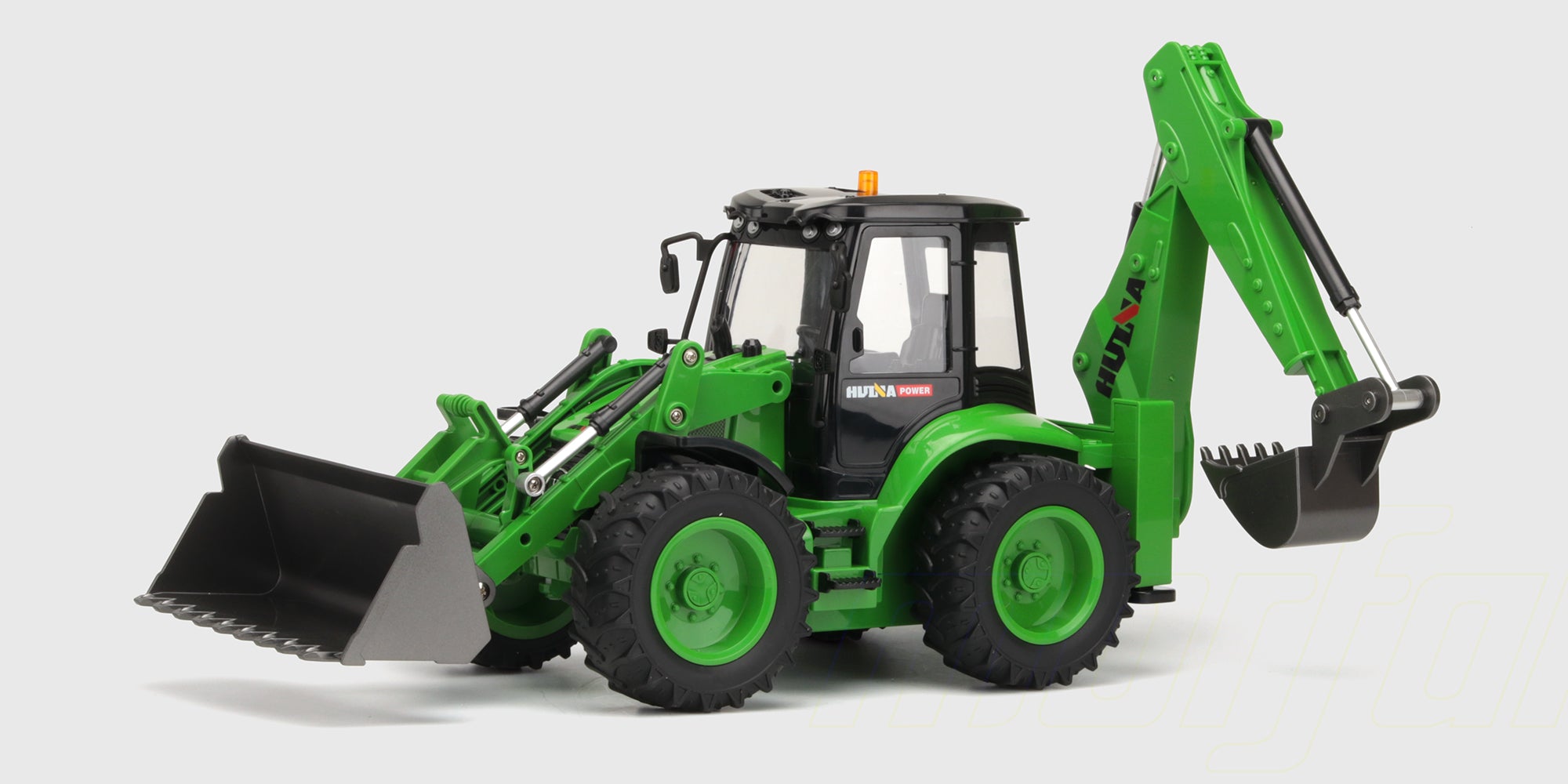 Gul fjernstyret Huina 1579 rendegraver med bevægelig gravarm og frontskovl.