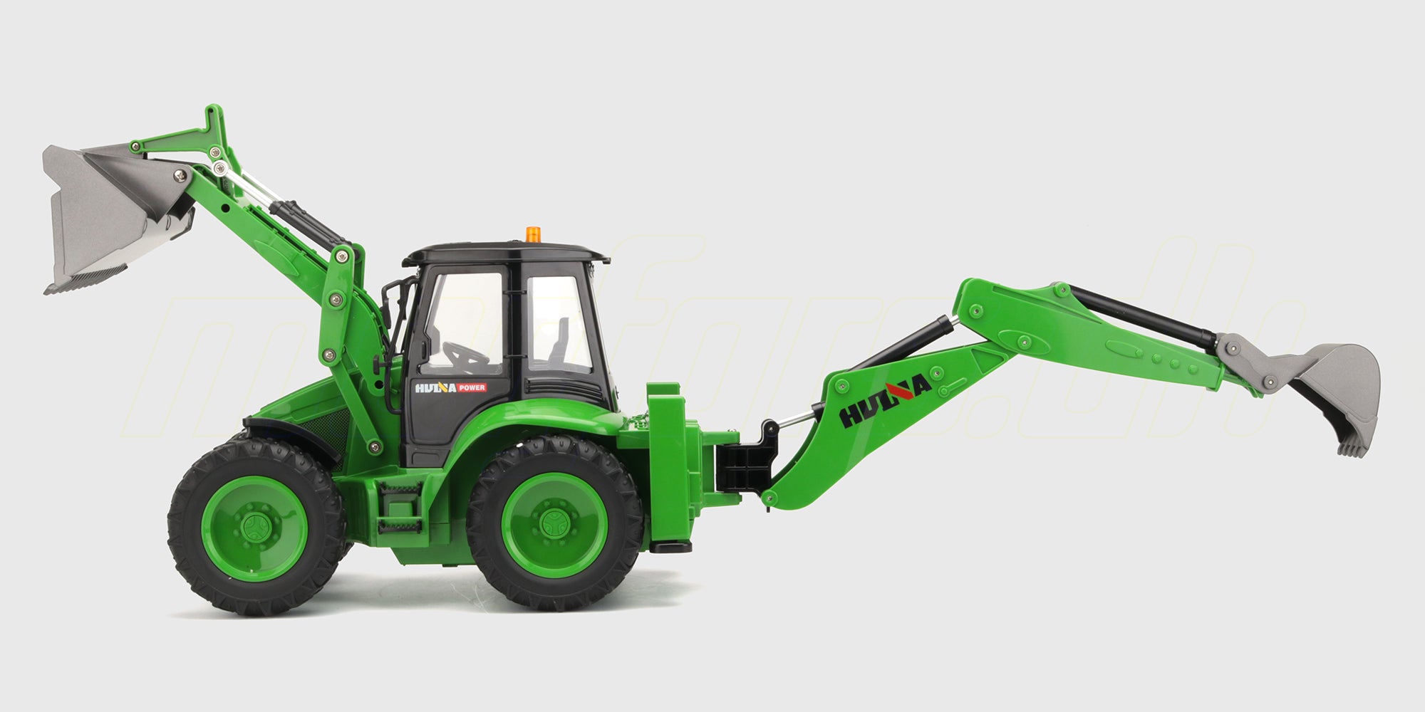 Gul fjernstyret Huina 1579 rendegraver med bevægelig frontskovl og gravearm set fra siden.