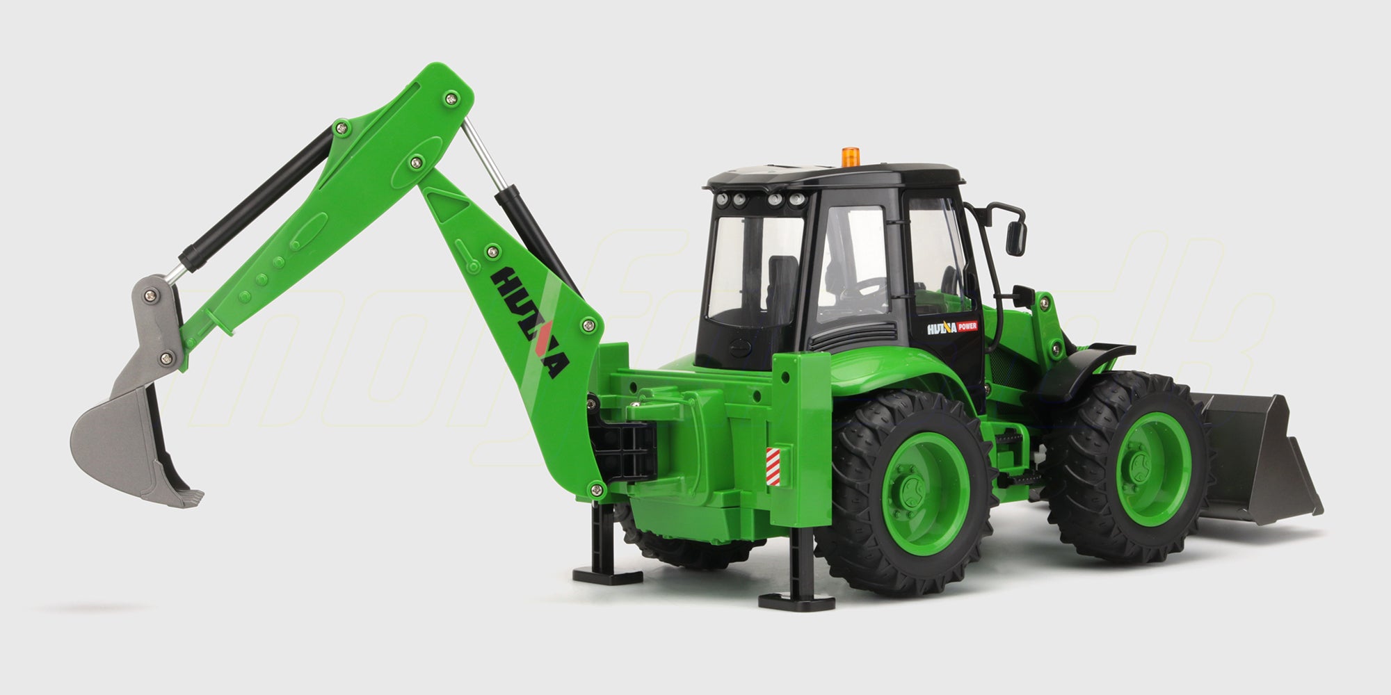 Gul fjernstyret rendegraver med bevægelig gravearm og frontskovl vist fra siden mod en hvid baggrund.