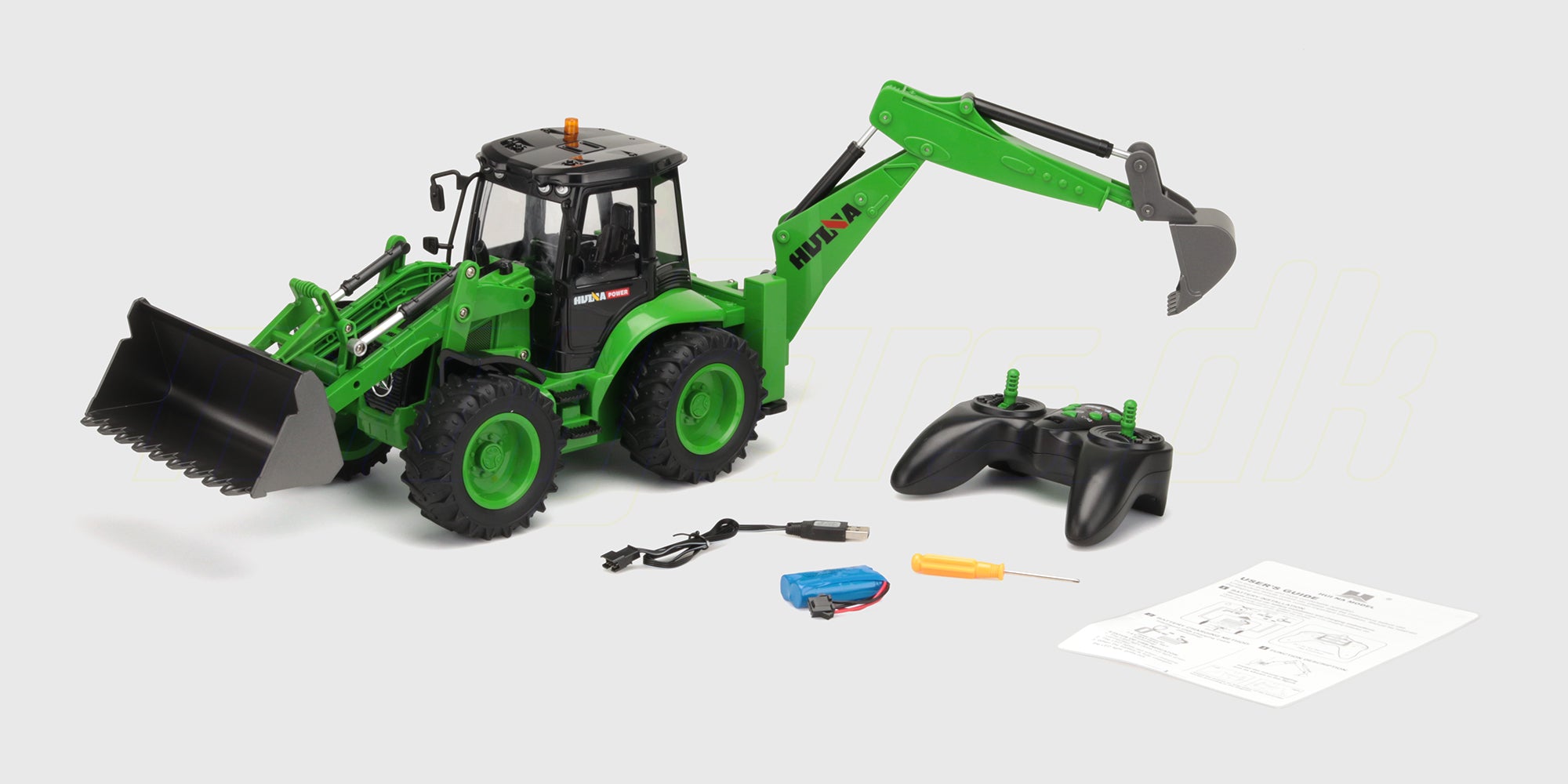 Gul fjernstyret rendegraver i aktion med frontskovl og gravearm på en grusvej.