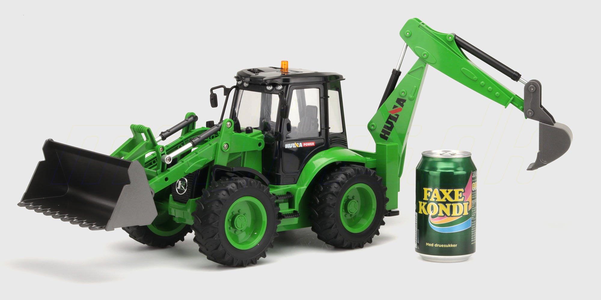 Gul fjernstyret rendegraver med bevægelig frontskovl og gravearm til realistisk leg.