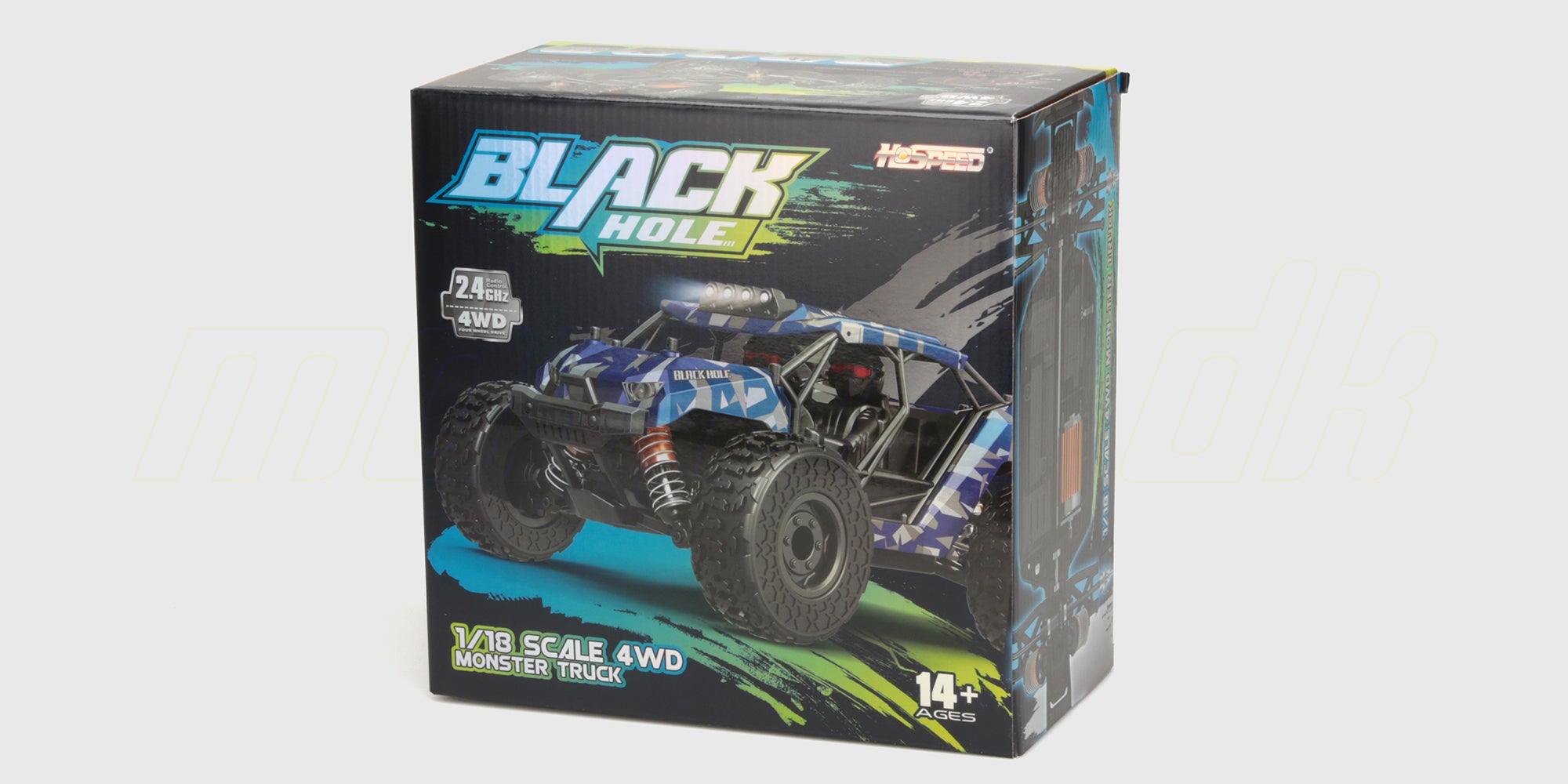 Hurricane 2.0 fjernstyret bil i original indpakning med billede af den blå offroad buggy.