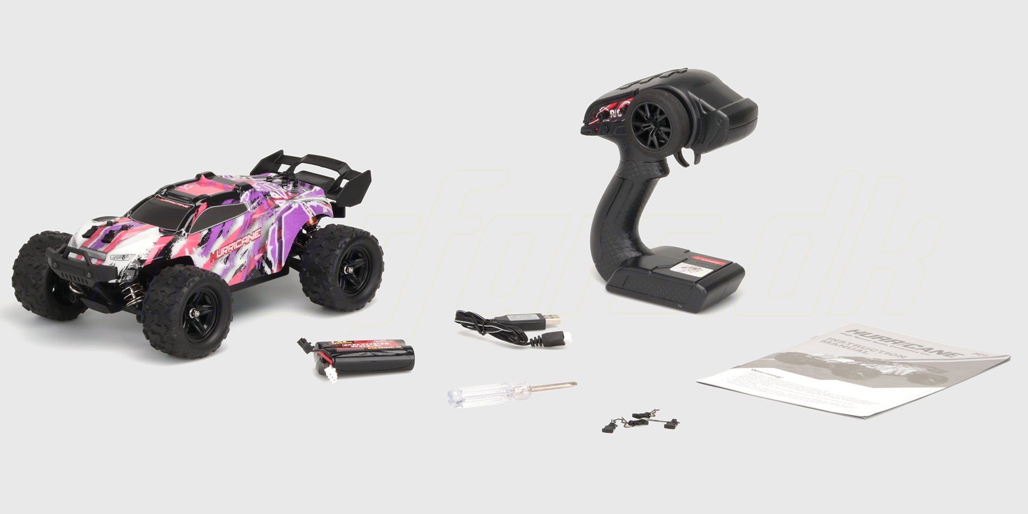 Hurricane 2.0 fjernstyret bil i original indpakning med fjernbetjening vist på hvid baggrund.