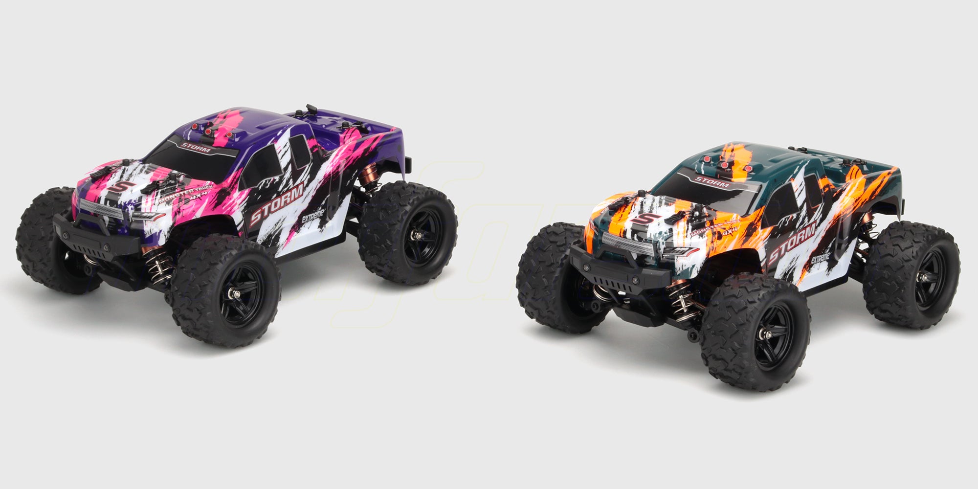 Sort Hurricane 2.0 fjernstyret truck med hvidt karrosseri og store offroad dæk på hvid baggrund.