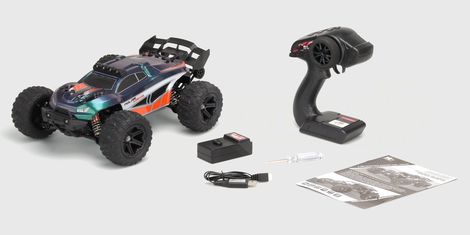 Hurricane XL fjernstyret bil i original emballage med alt udstyr vist på hvid baggrund.