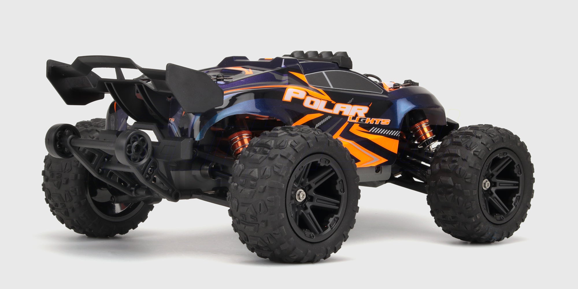 Hurricane XL fjernstyret offroad-bil med orange karrosseri set bagfra på hvid baggrund