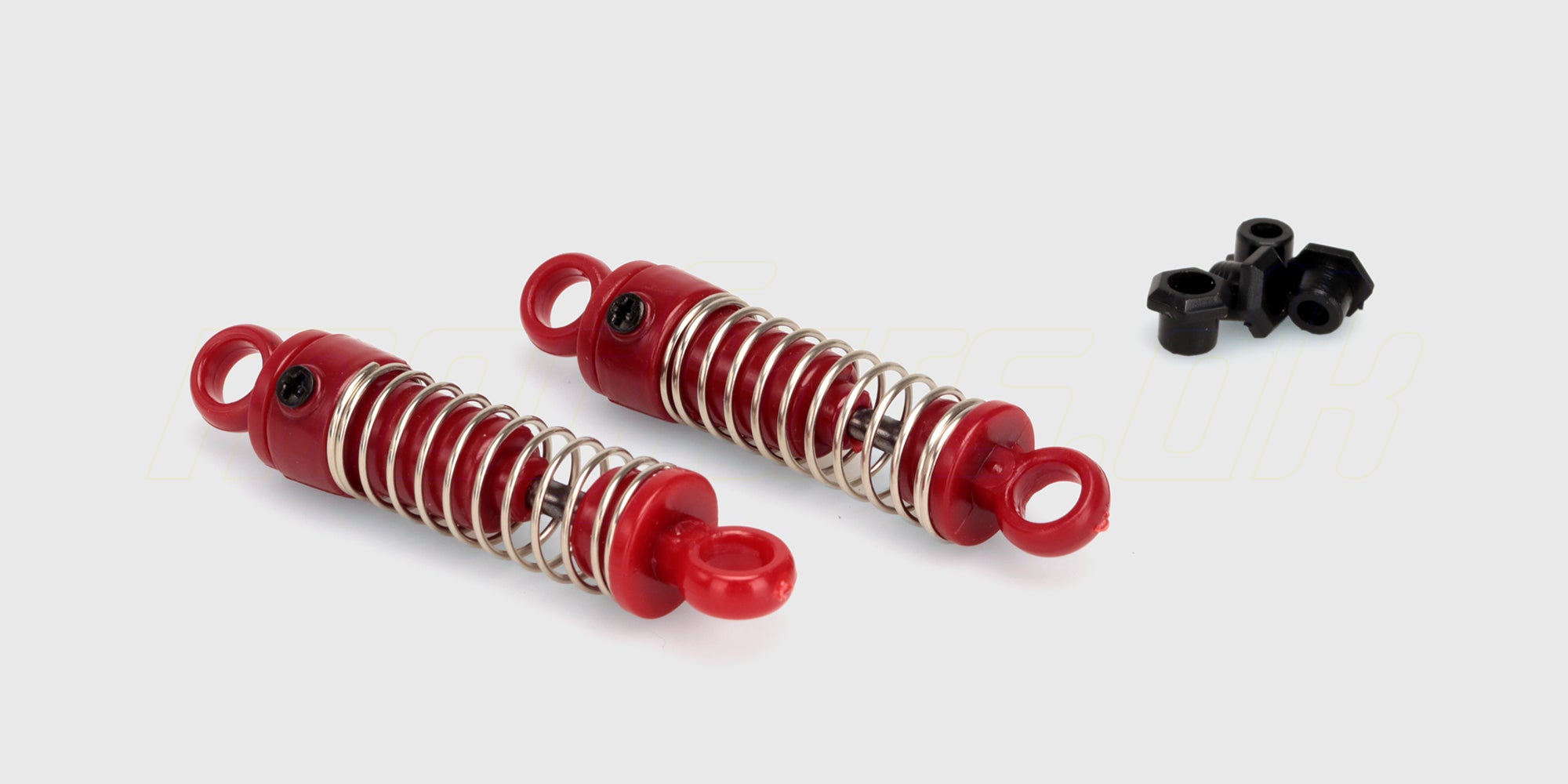 Blå støddæmpere med sorte fjedre og monteringsbeslag til Hurricane Drift fjernstyret bil.