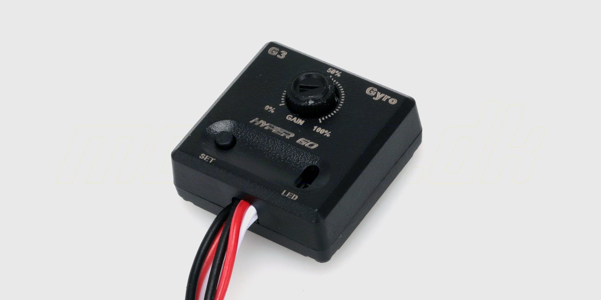 Sort HyperGo gyro-enhed til drift-kontrol af fjernstyrede biler vist på en hvid baggrund.