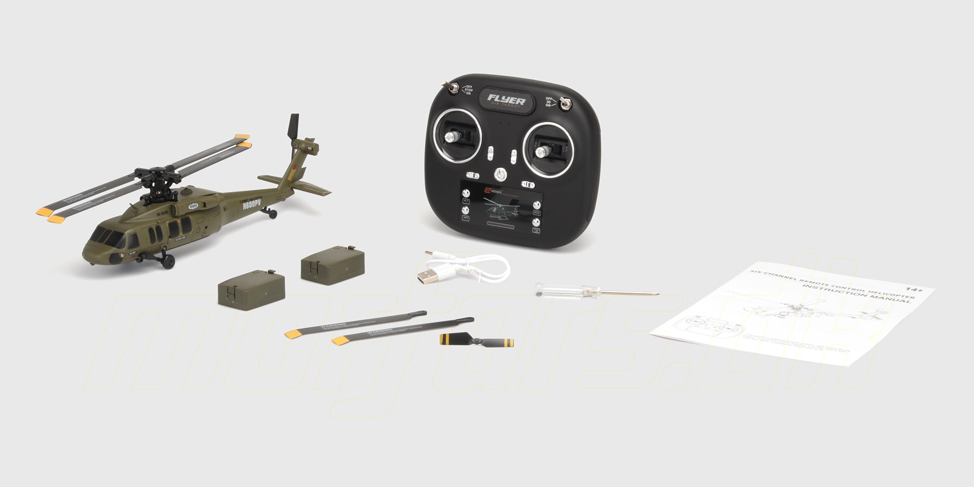 Top Hunter fjernstyret helikopter i hvid og rød farve præsenteret i original emballage med tilbehør.