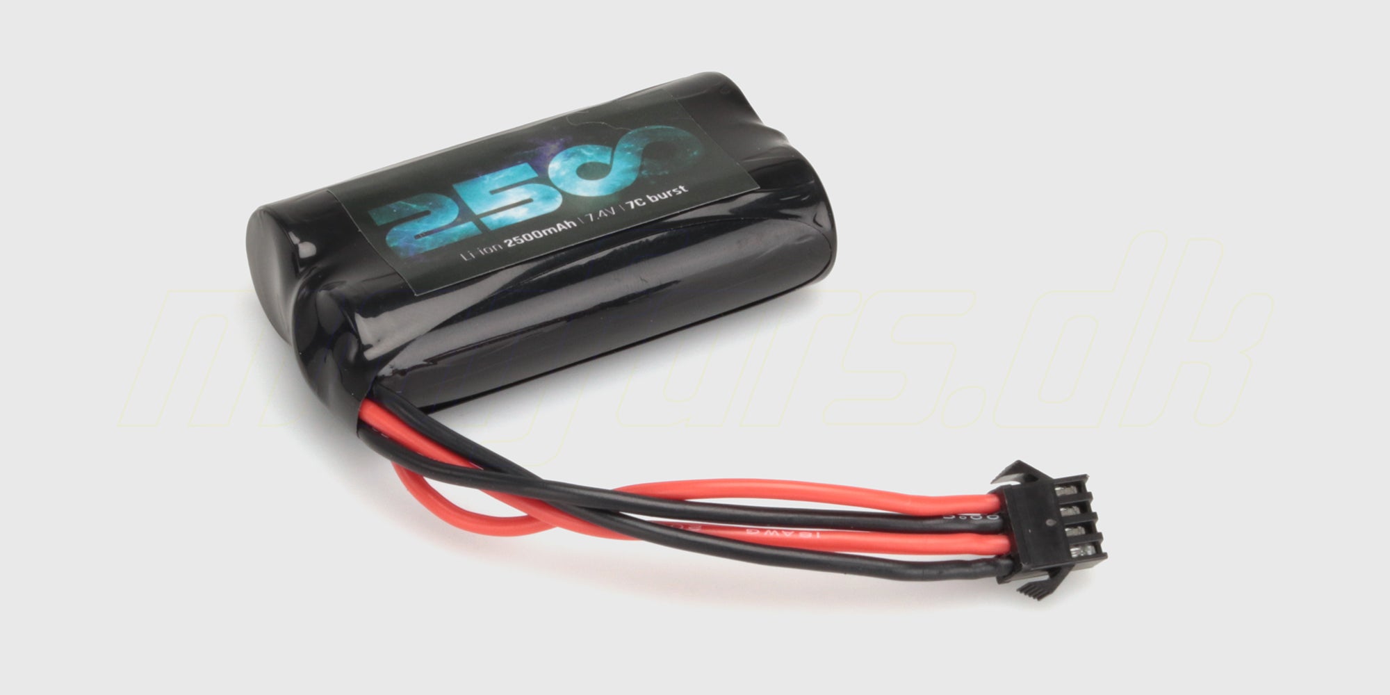 Sort 7.4V Li-ion batteri med hvidt stik til Hunter MT10 fjernstyret bil vist på hvid baggrund.