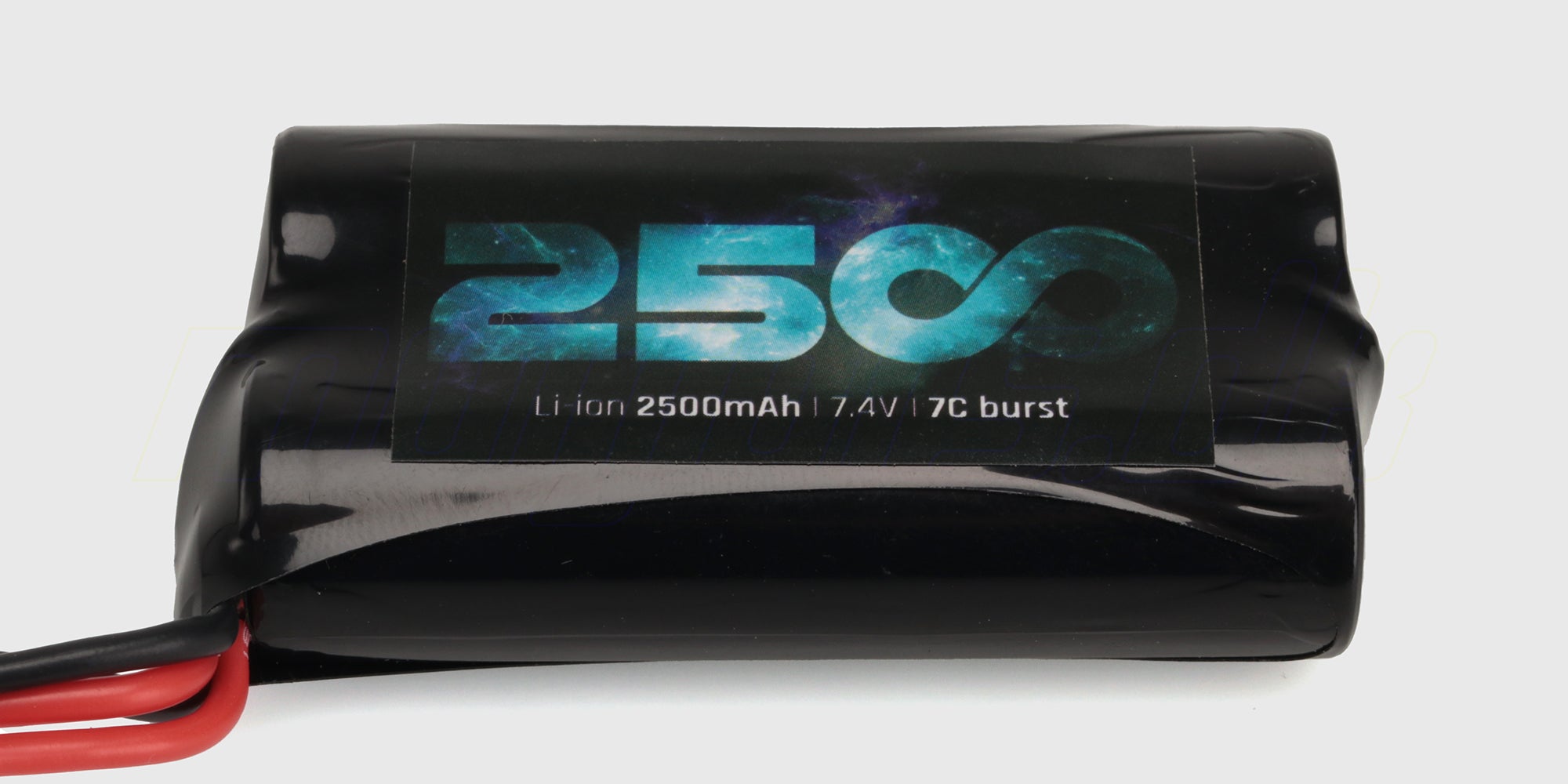 7.4V Li-ion batteri med SM-stik til Hunter MT10 fjernstyret bil set skråt oppefra på hvid baggrund.