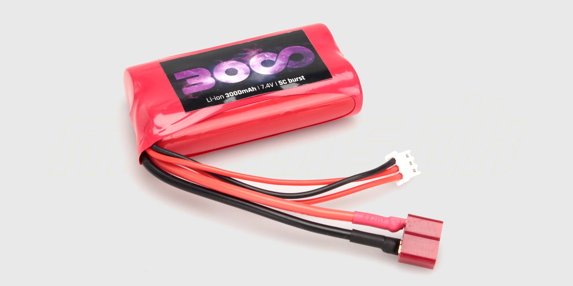 Kraftfuldt Li-ion 3000 mAh 7.4V batteri med hvidt T-stik til fjernstyrede biler vist på hvid baggrund.