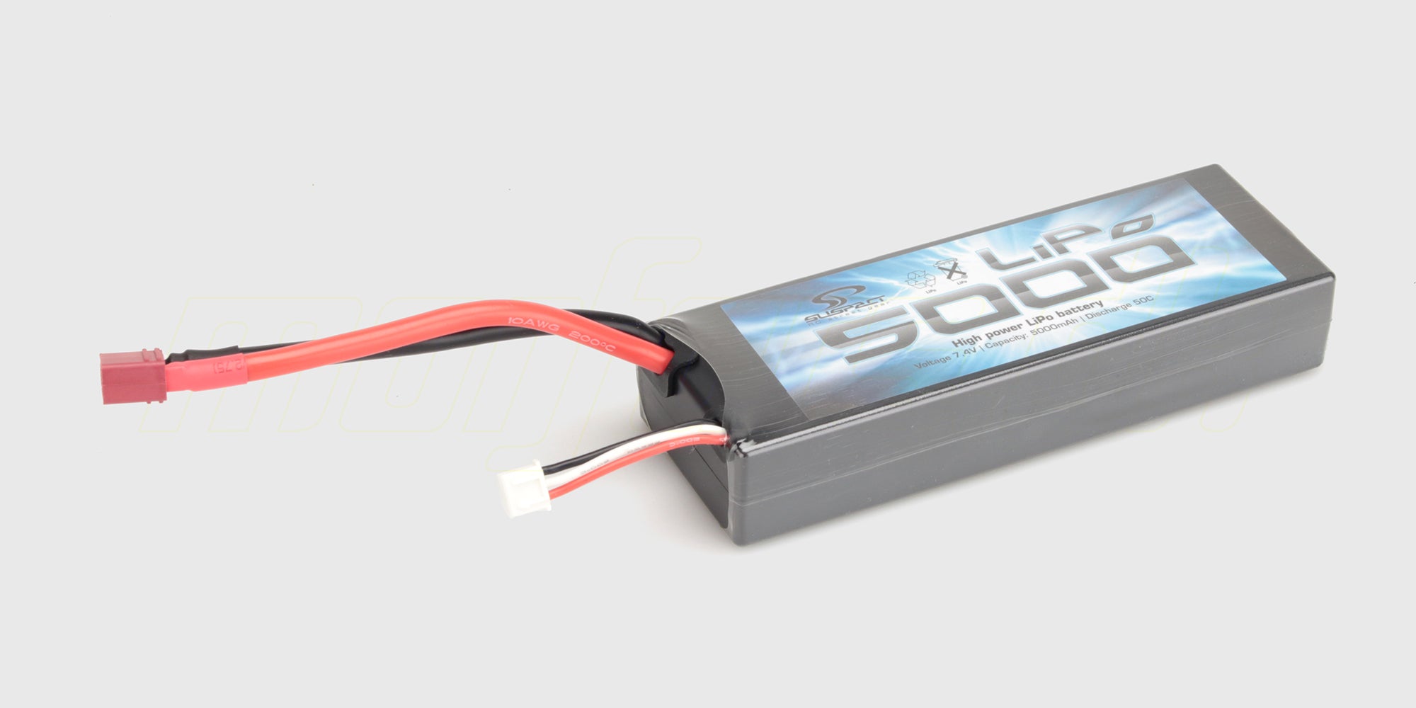 Kraftfuldt LiPo 5000 mAh 7,4V hardcase batteri til fjernstyrede biler med T-stik og balancestik.