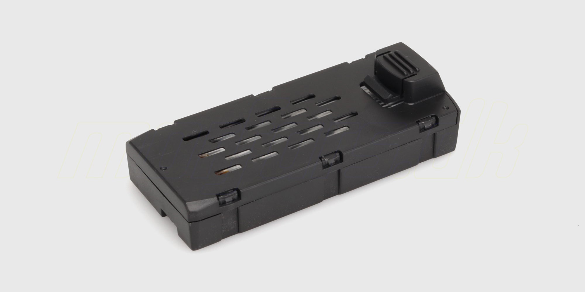 Sort batteripakke til Drone XY02 Brushless vist fra siden med hvidt batteristik og ledning.