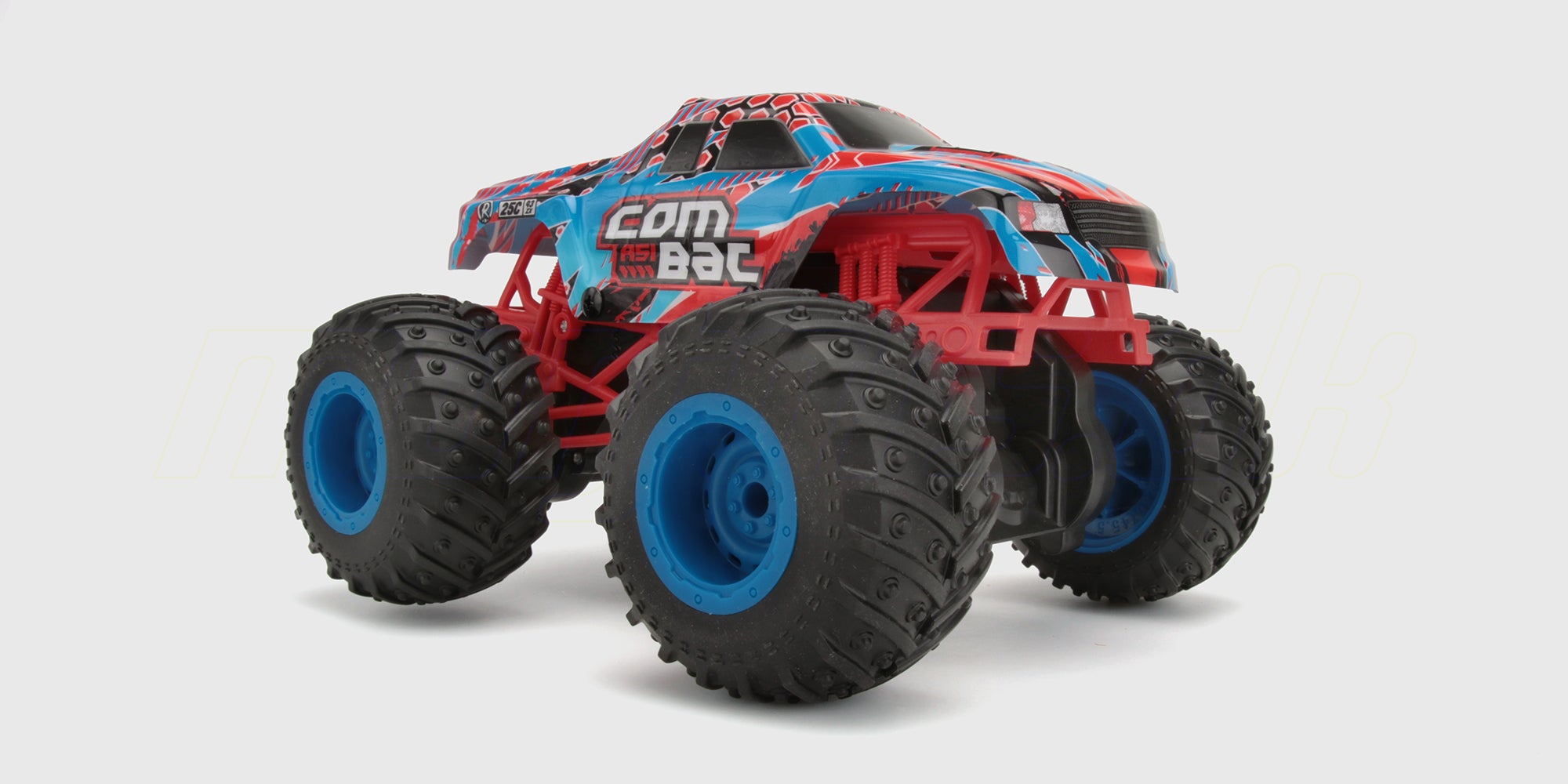 Blå Flash4 Monster Truck fjernstyret bil med store offroad dæk og robust affjedring.