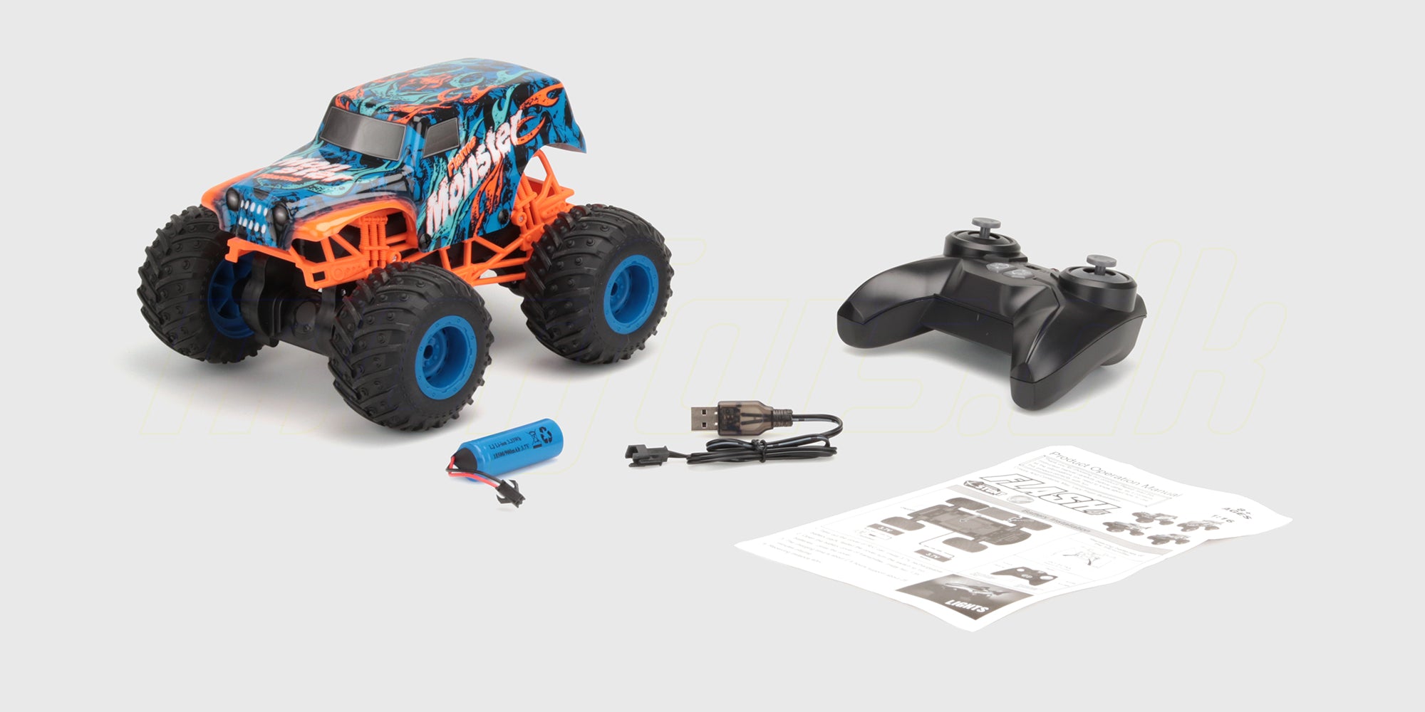 Flash4 Monster Truck i rød og hvid med store offroad-hjul og robust chassis til fjernstyret kørsel.