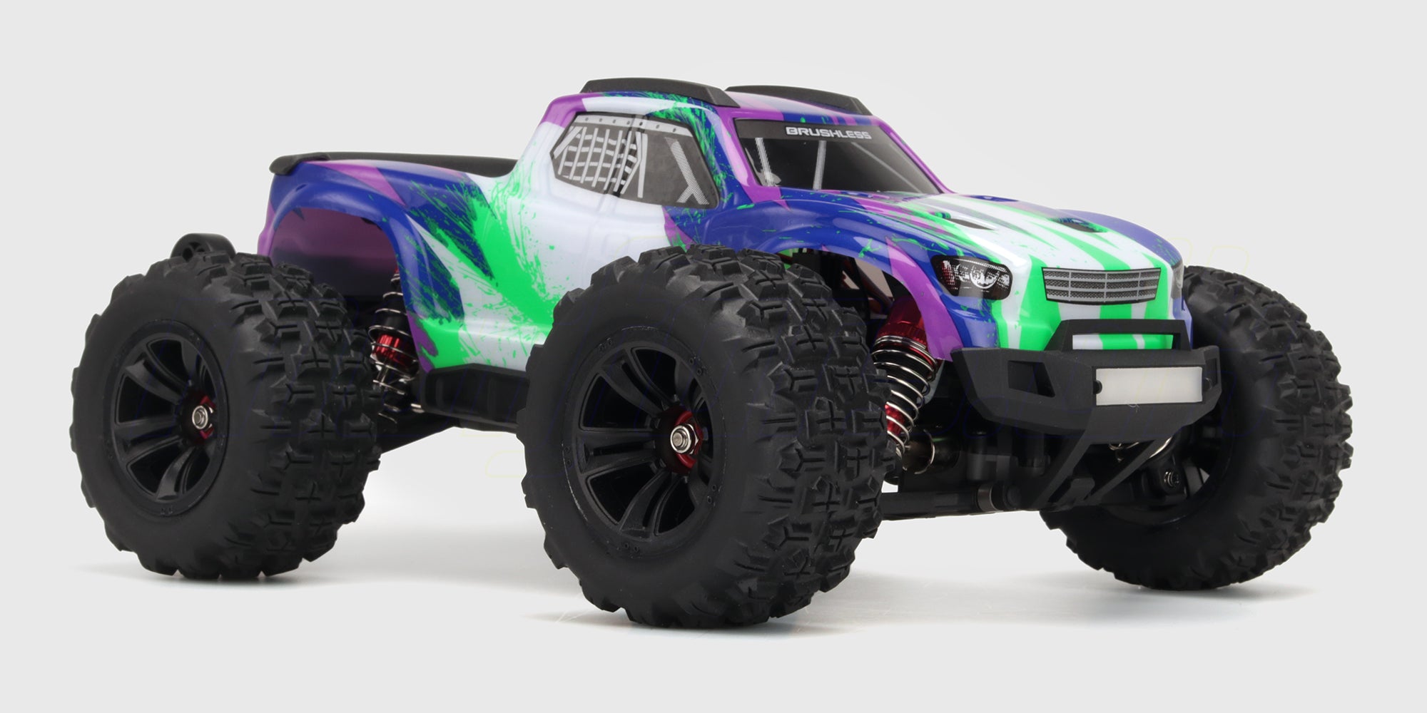Sort HyperGo Brushless monster truck med kraftfulde offroad-dæk og robust chassis til hurtig kørsel i terræn.