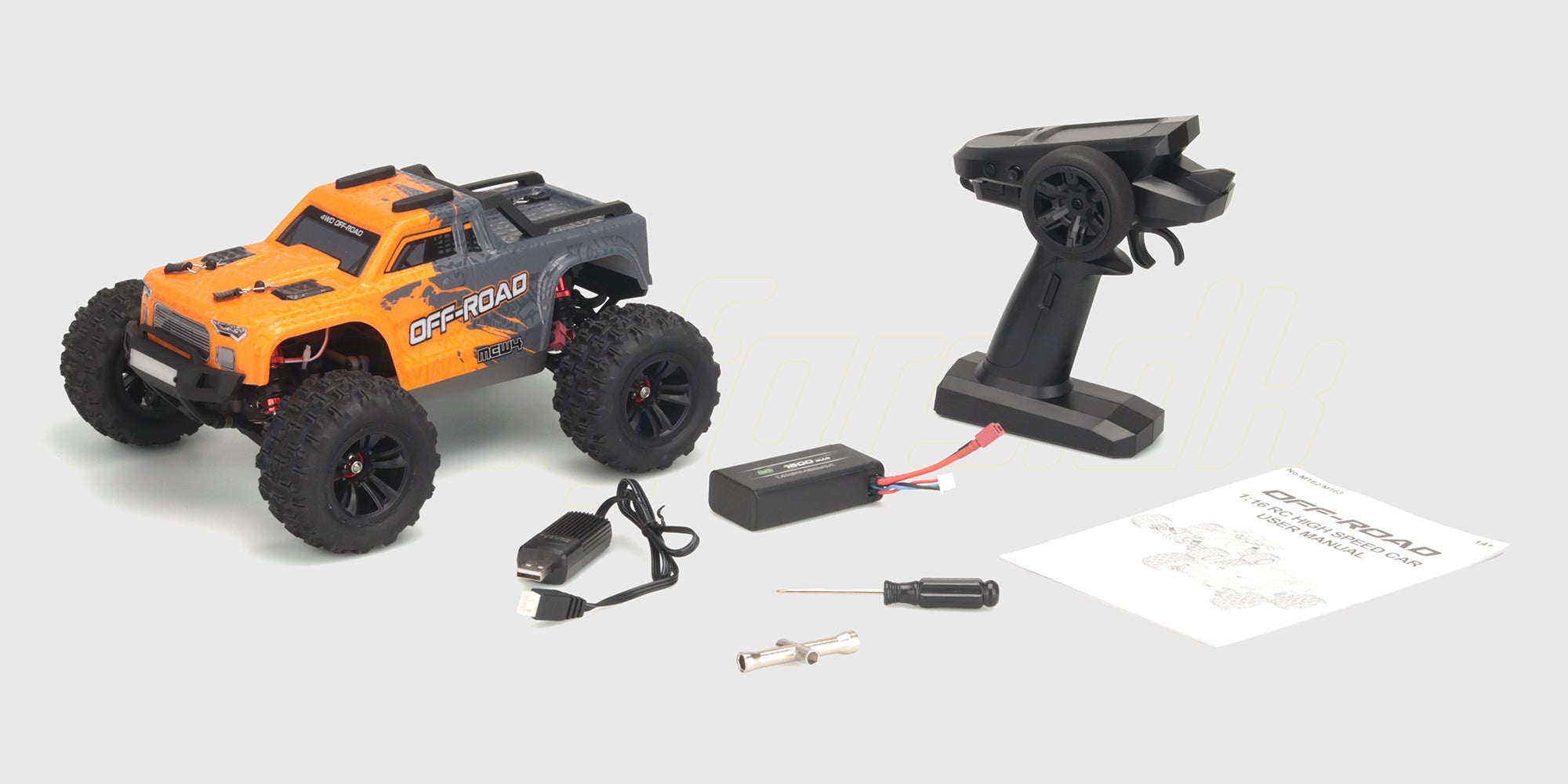 HyperGo Brushless SE fjernstyret monster truck med hvidt karosseri og grove offroad-dæk på hvid baggrund.