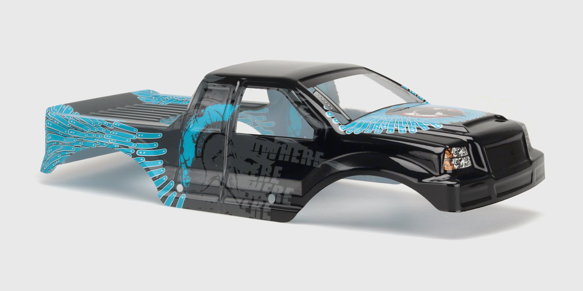 Blåt Quakeshock karrosseri i plast med detaljerede grafikker til fjernstyret monster truck.