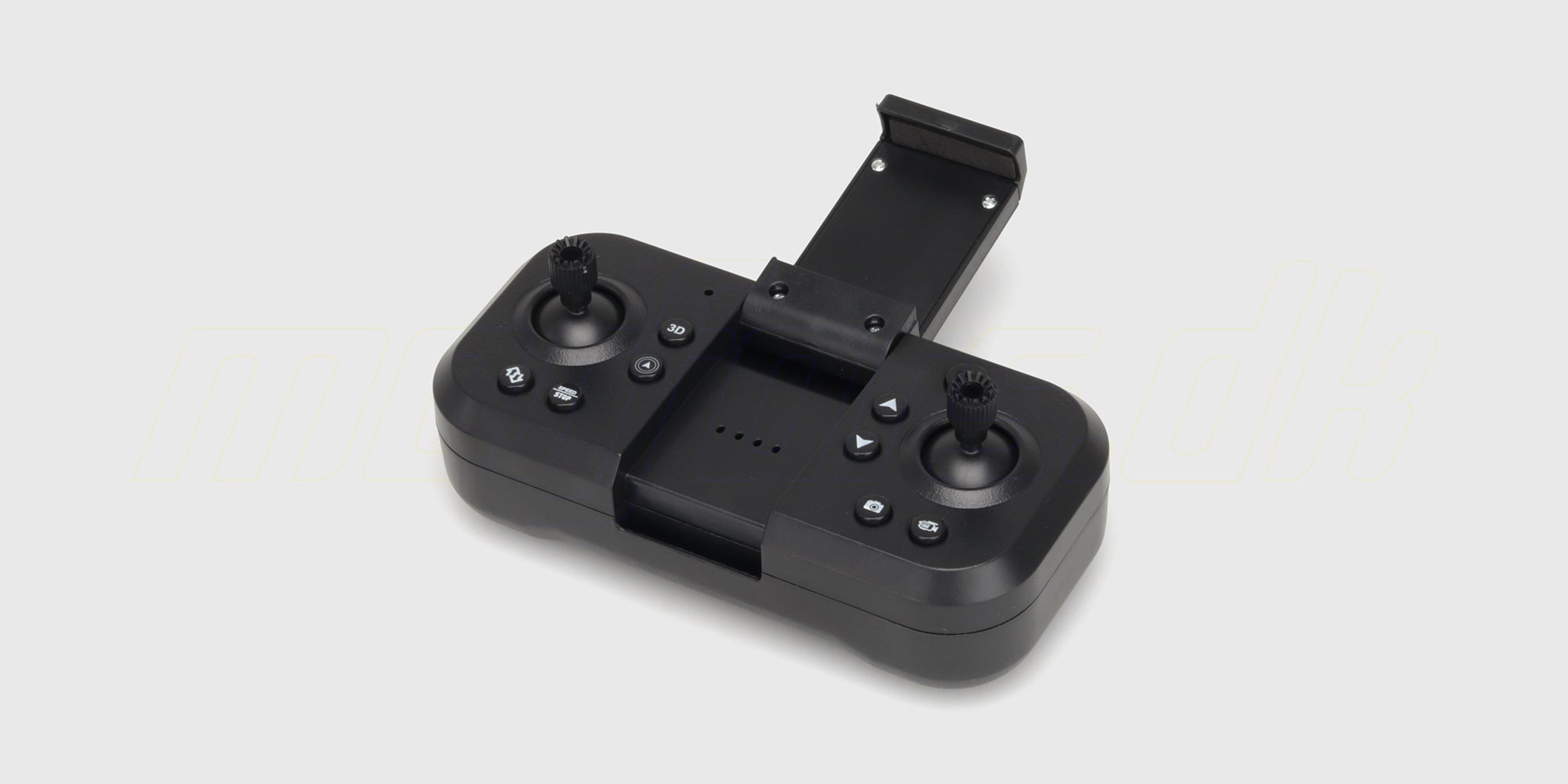 Sort fjernbetjening med hvide knapper og joystick til Drone Recon XV1 på hvid baggrund.