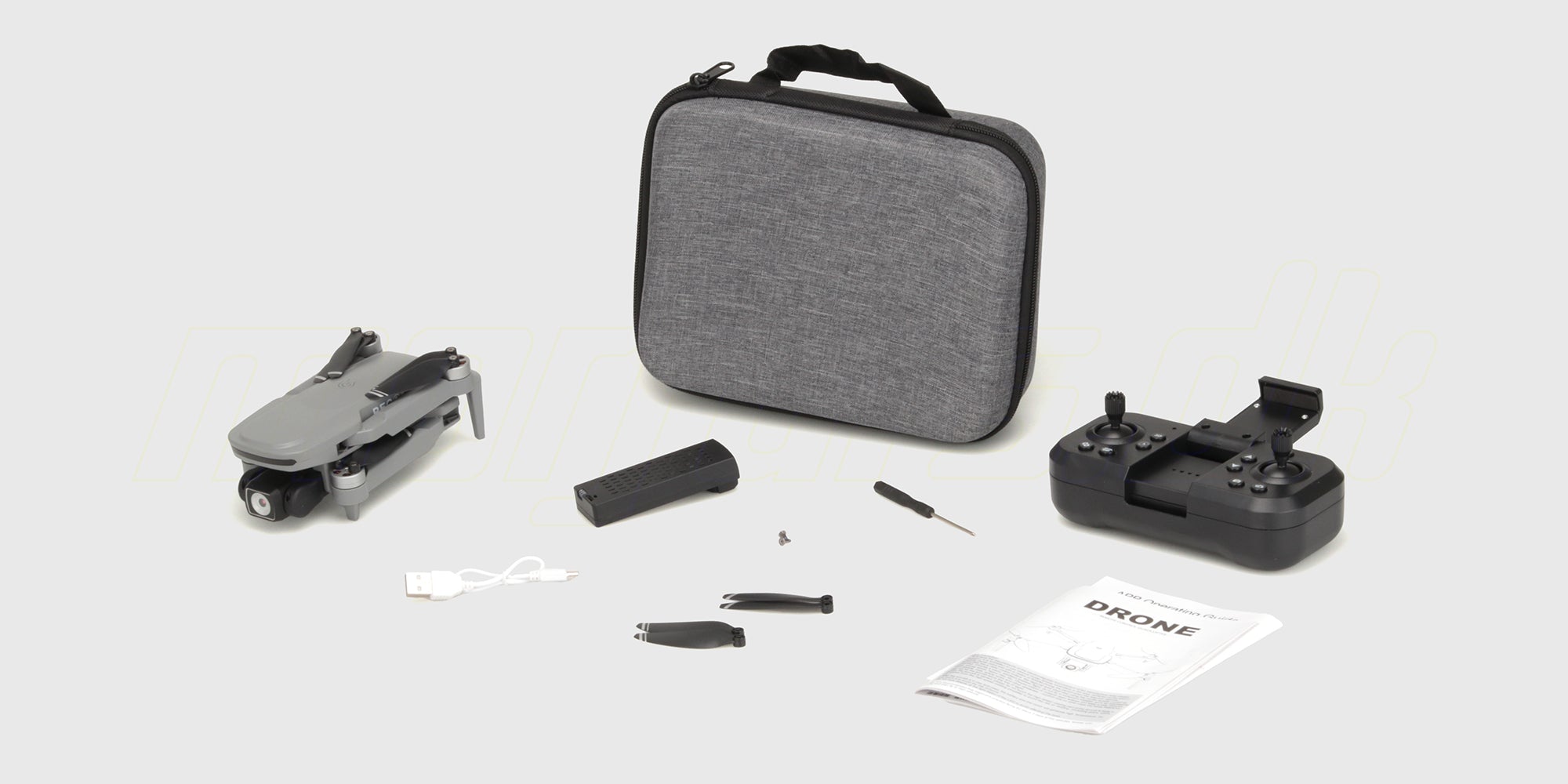 Drone Recon XV1 med kamera og controller præsenteret ved siden af en sort transporttaske.