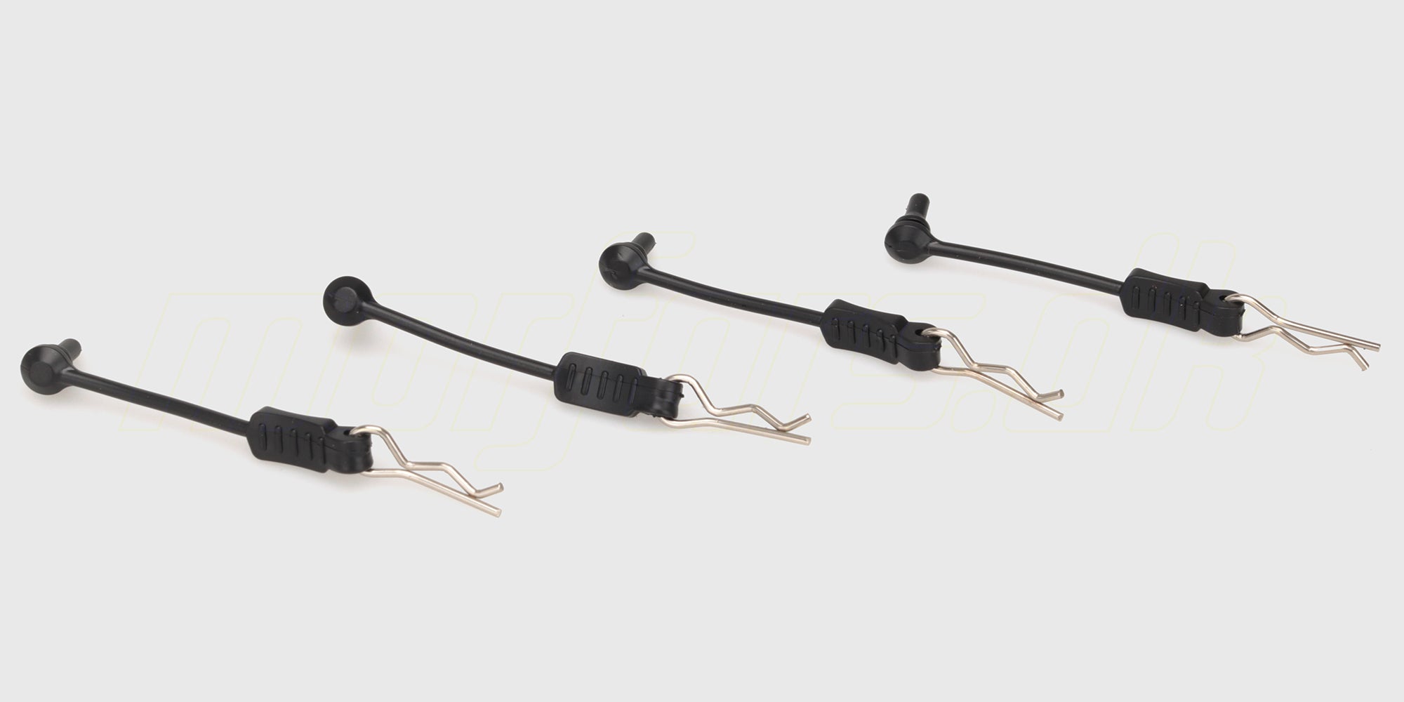 Sæt med store sølvfarvede karrosserisplitter i metal til fastgørelse af karrosseriet på en fjernstyret bil.