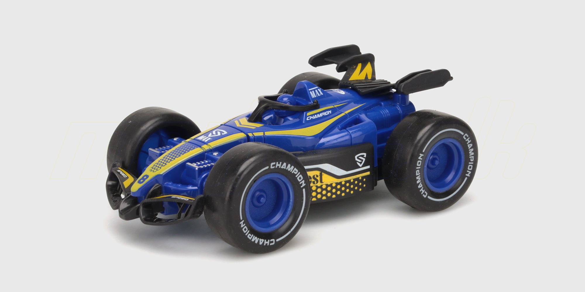 Farverig Super Racer friktionsbil i plast til børn vist på en hvid baggrund.