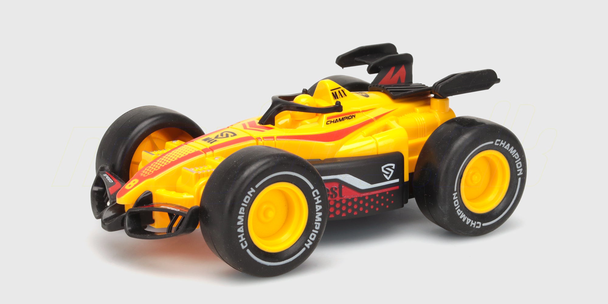 Blå og orange Super Racer friktionsbil til børn vist forfra på en hvid baggrund.