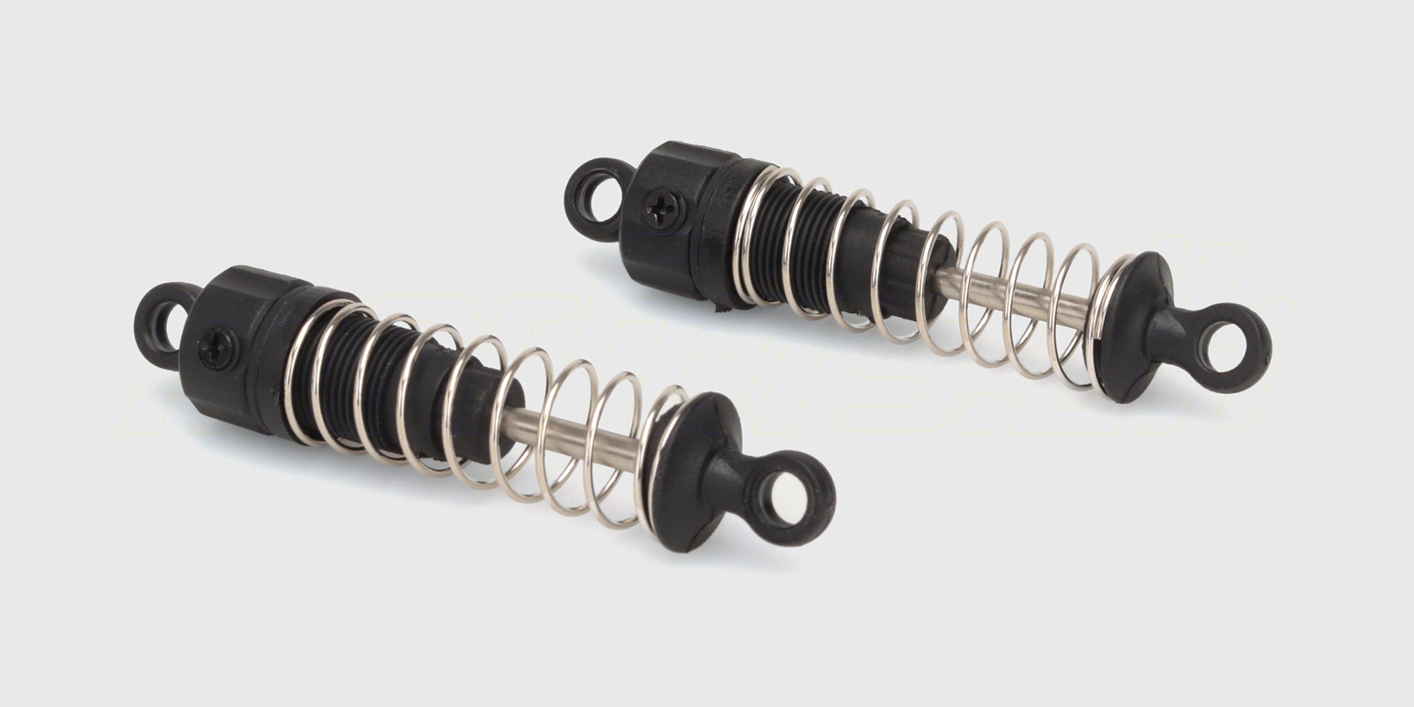 To sorte Hunter frontstøddæmpere med metalfjedre til fjernstyret bil vist på en hvid baggrund.