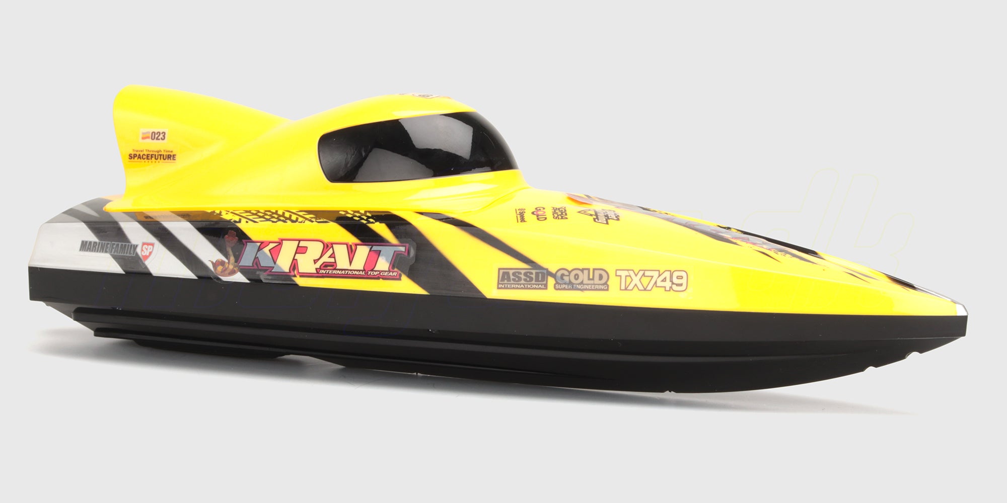 Blå Krait brushless racing boat med jet-drive i fuld fart hen over vandoverfladen.