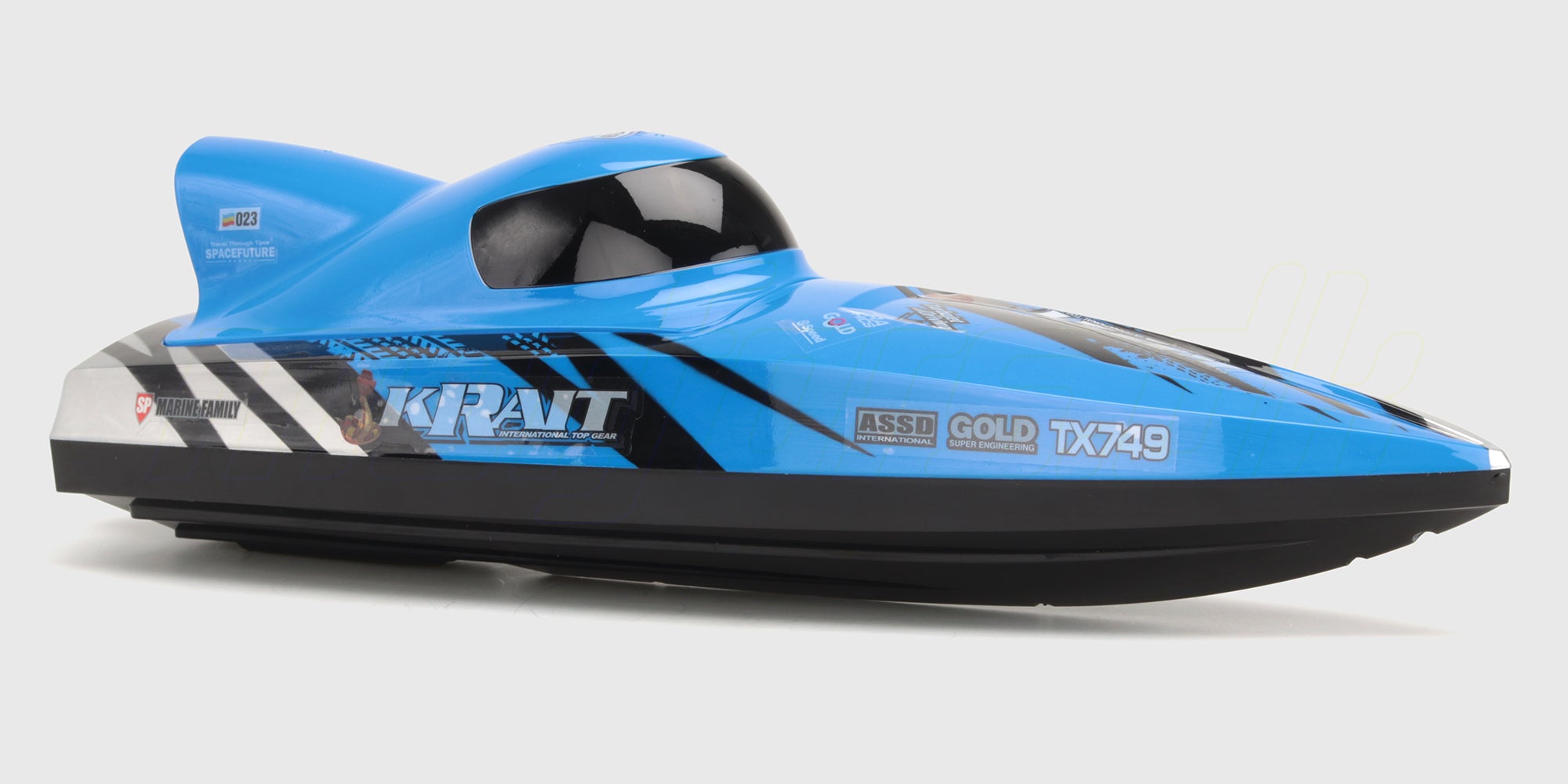 Hurtig gul Krait brushless racing boat fjernstyret speedbåd, der skærer gennem vandet med høj fart.