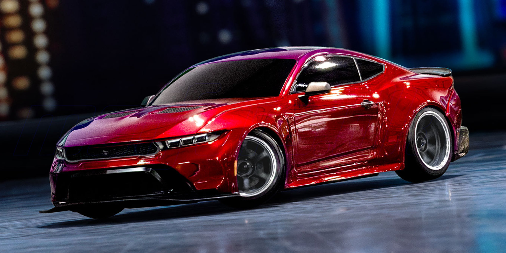 Mørkegrå Mustang 4-Tec Drift fjernstyret bil laver et kontrolleret drift på asfalt med røg fra dækkene.