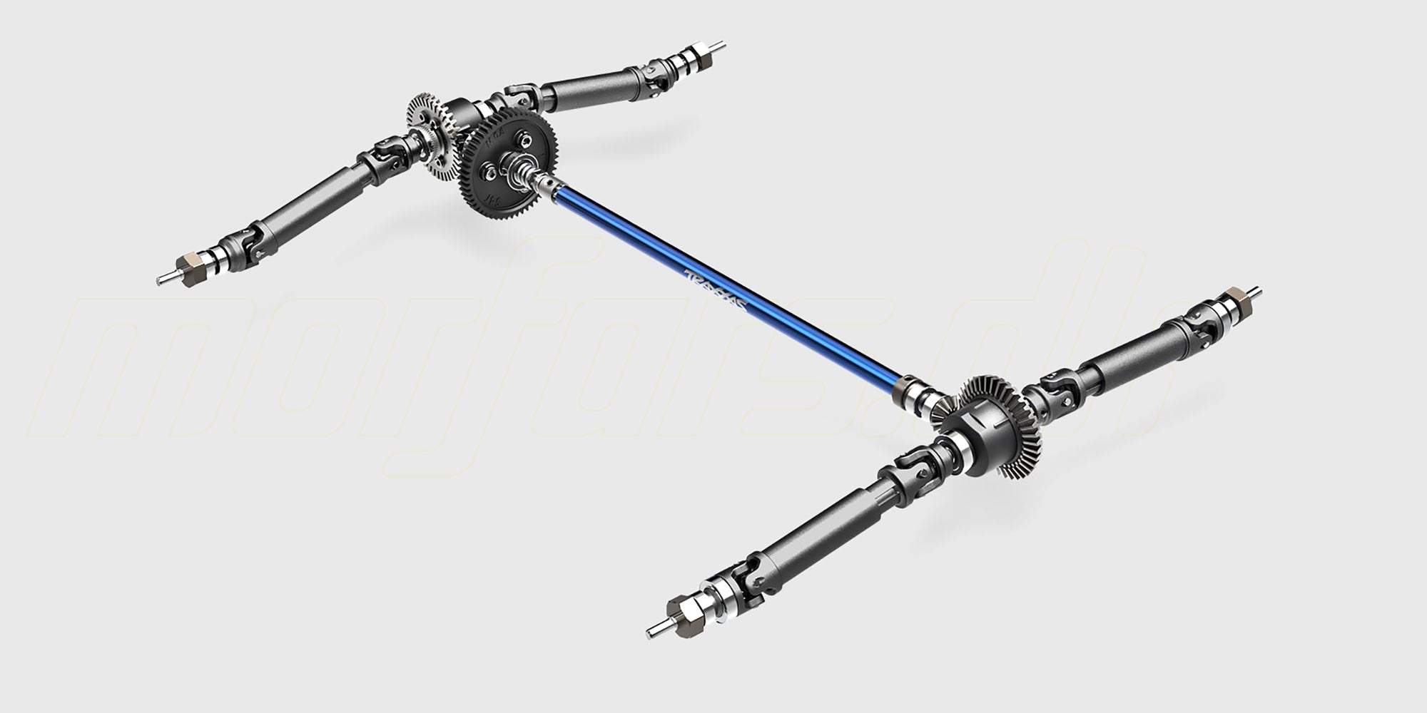 Blå Traxxas Rustler 4x4 Ultimate fjernstyret stadium truck set skråt forfra på hvid baggrund.