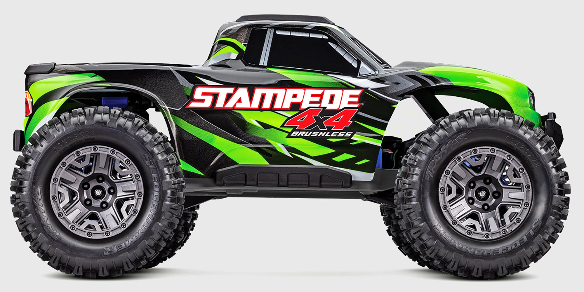 Traxxas Stampede 4x4 BL-2S monster truck med blåt karrosseri og store offroad-dæk set skråt forfra på hvid baggrund.