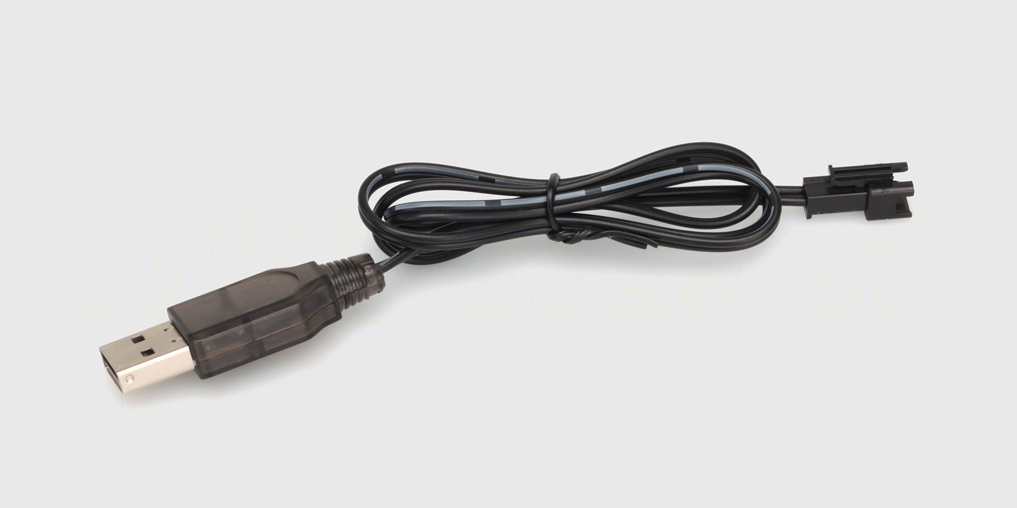 Sort USB-oplader til 3.7V batterier med JST-SMP stik vist på hvid baggrund.