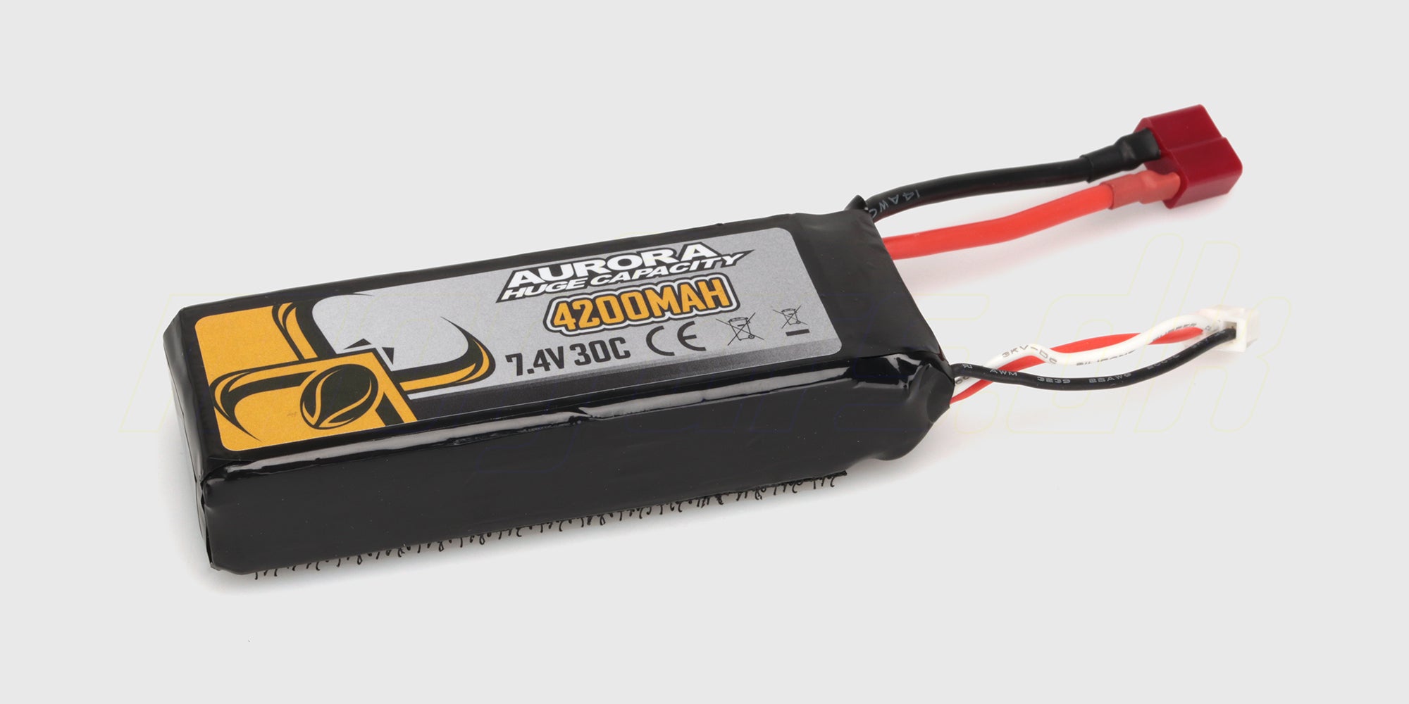 Kraftfuldt LiPo 4200 mAh 7,4V batteri med Deans-stik til fjernstyrede biler vist på hvid baggrund.
